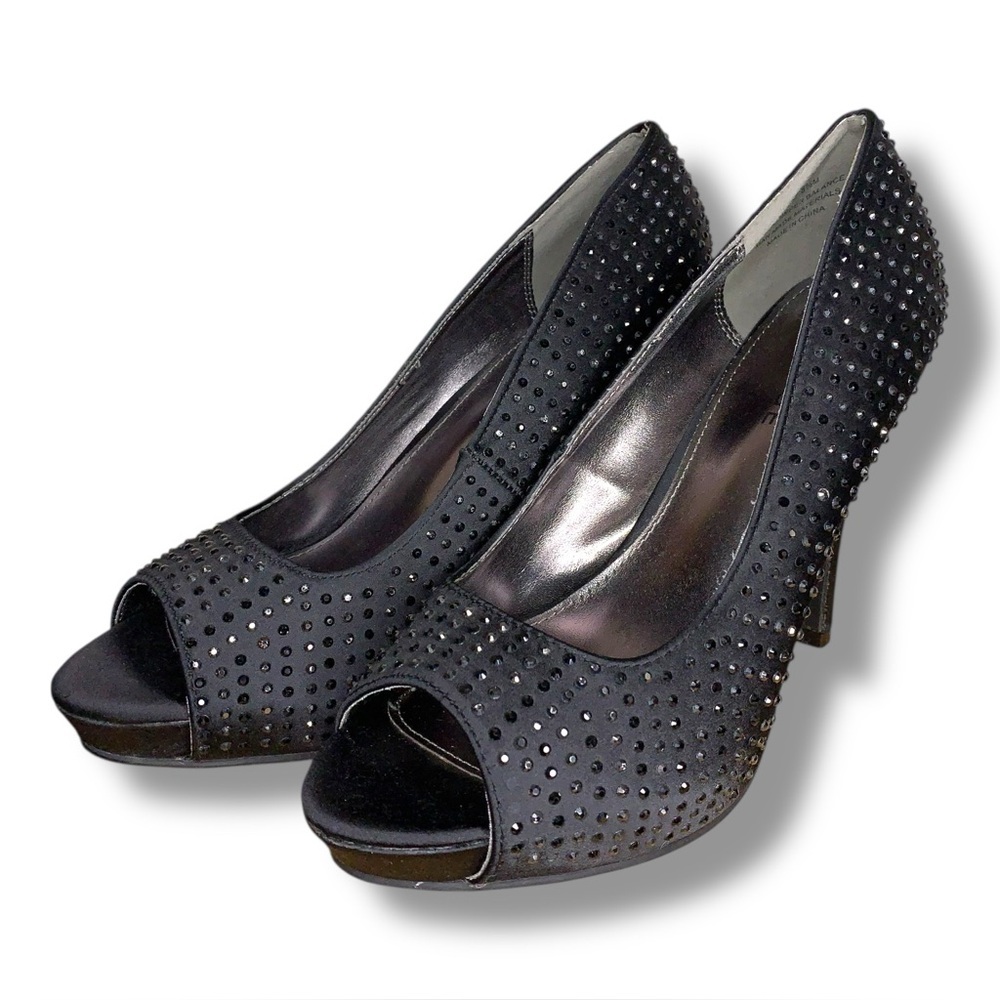 8.5 Rampage Black Rhinestone 4.75” Heels Stilettos Open Toe Event Formal Goth